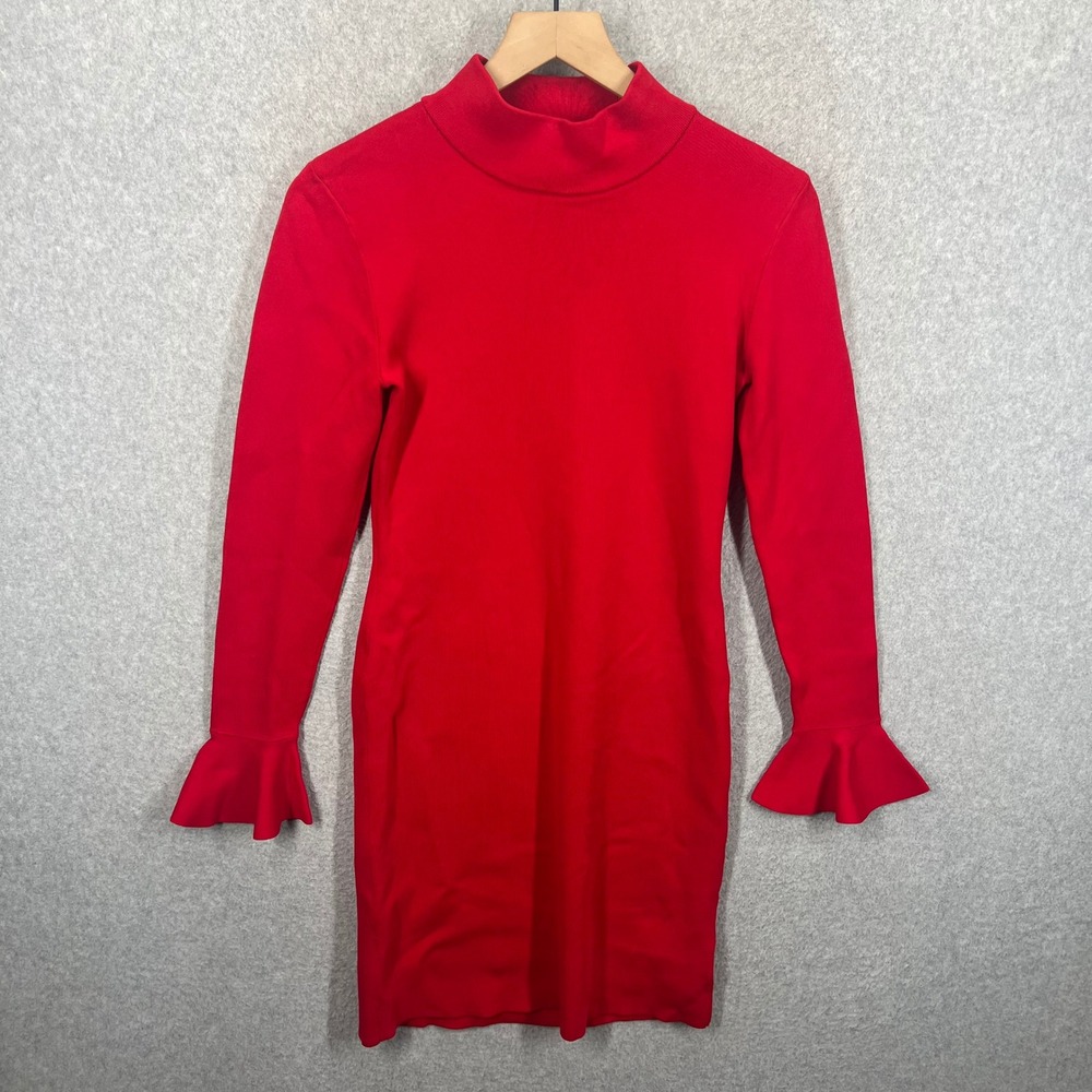 Michael Kors Sweater Dress Women Size M Red Mock Neck Bell Sleeve EUC